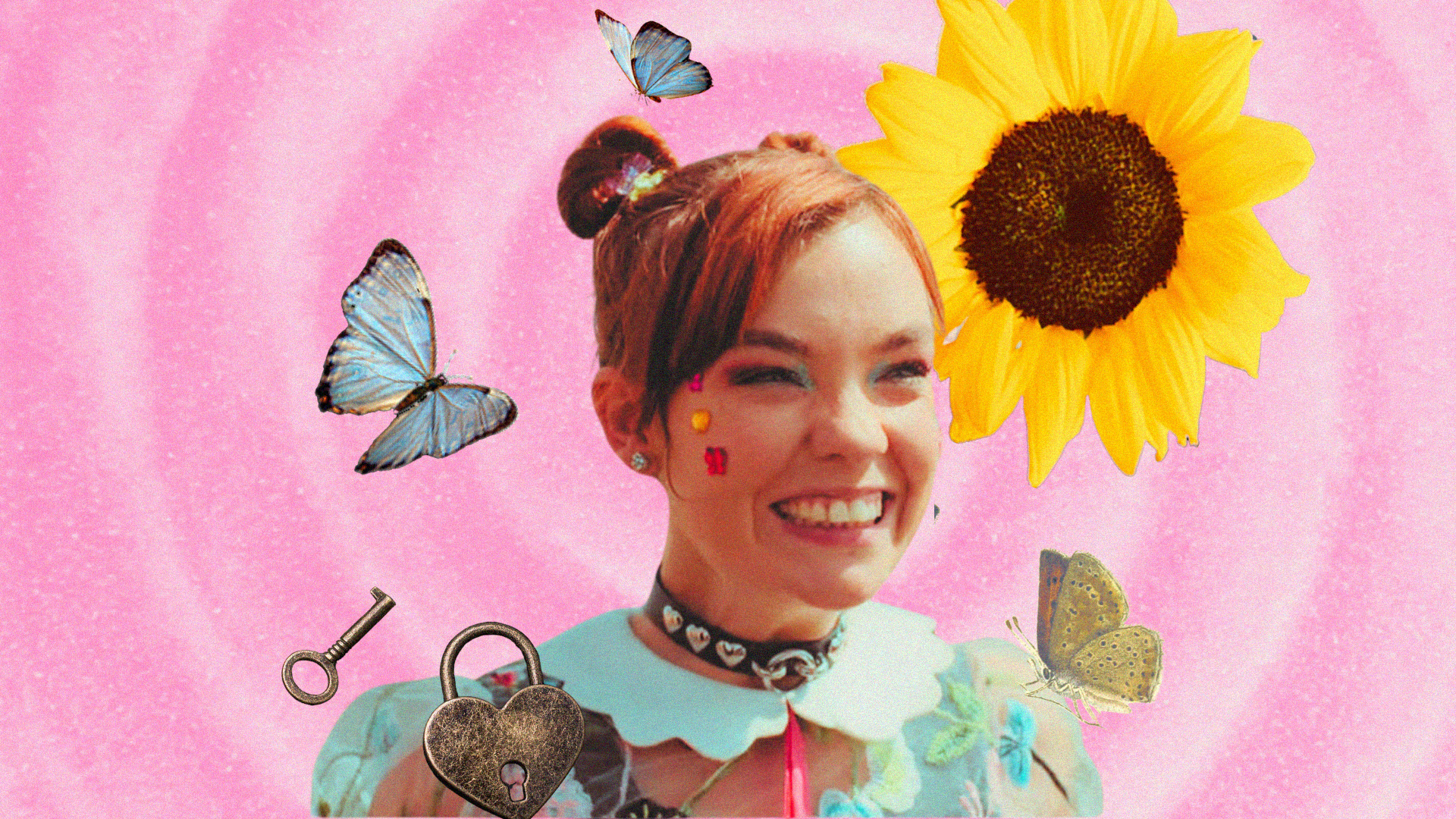 Quinni from Heartbreak High wears space buns and a cheesy grin. There are butterflies, sunflower and lock and key surrounding her image against a pink background.